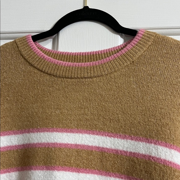 Crown & Ivy Oversized Brown White and Pink Striped Puff Sleeve Sweater Small - Picture 3 of 6